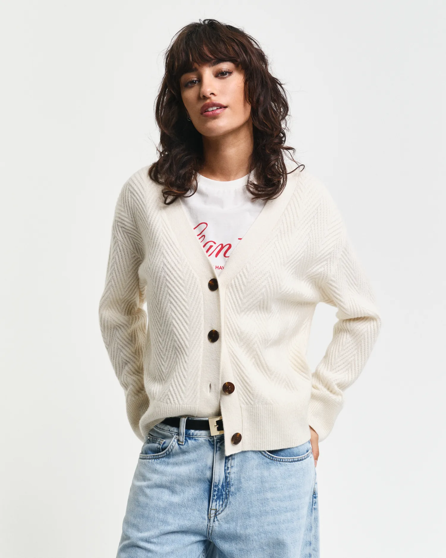 Cardigan con scollo a V e motivo a spina di pesce    