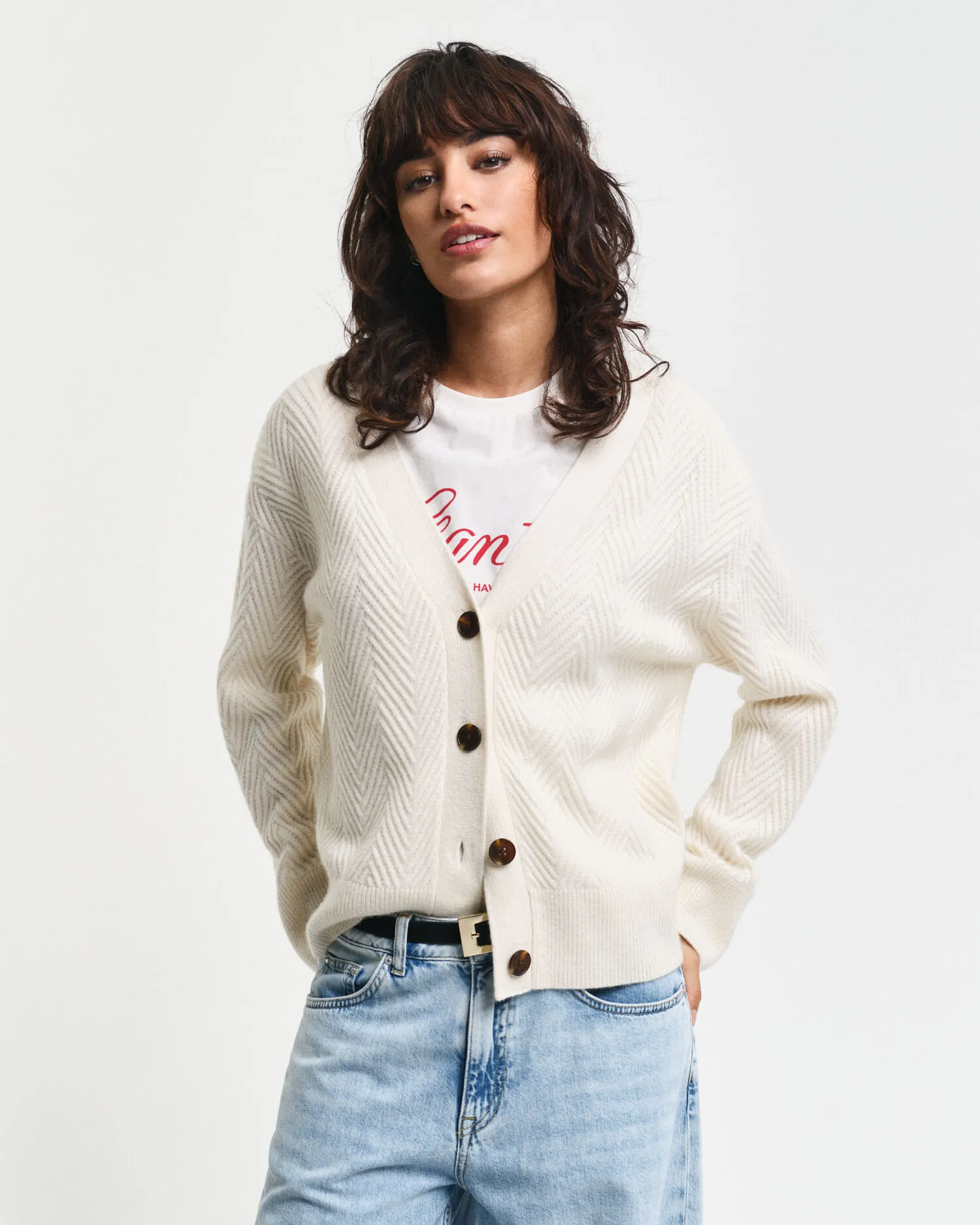 Cardigan con scollo a V e motivo a spina di pesce    