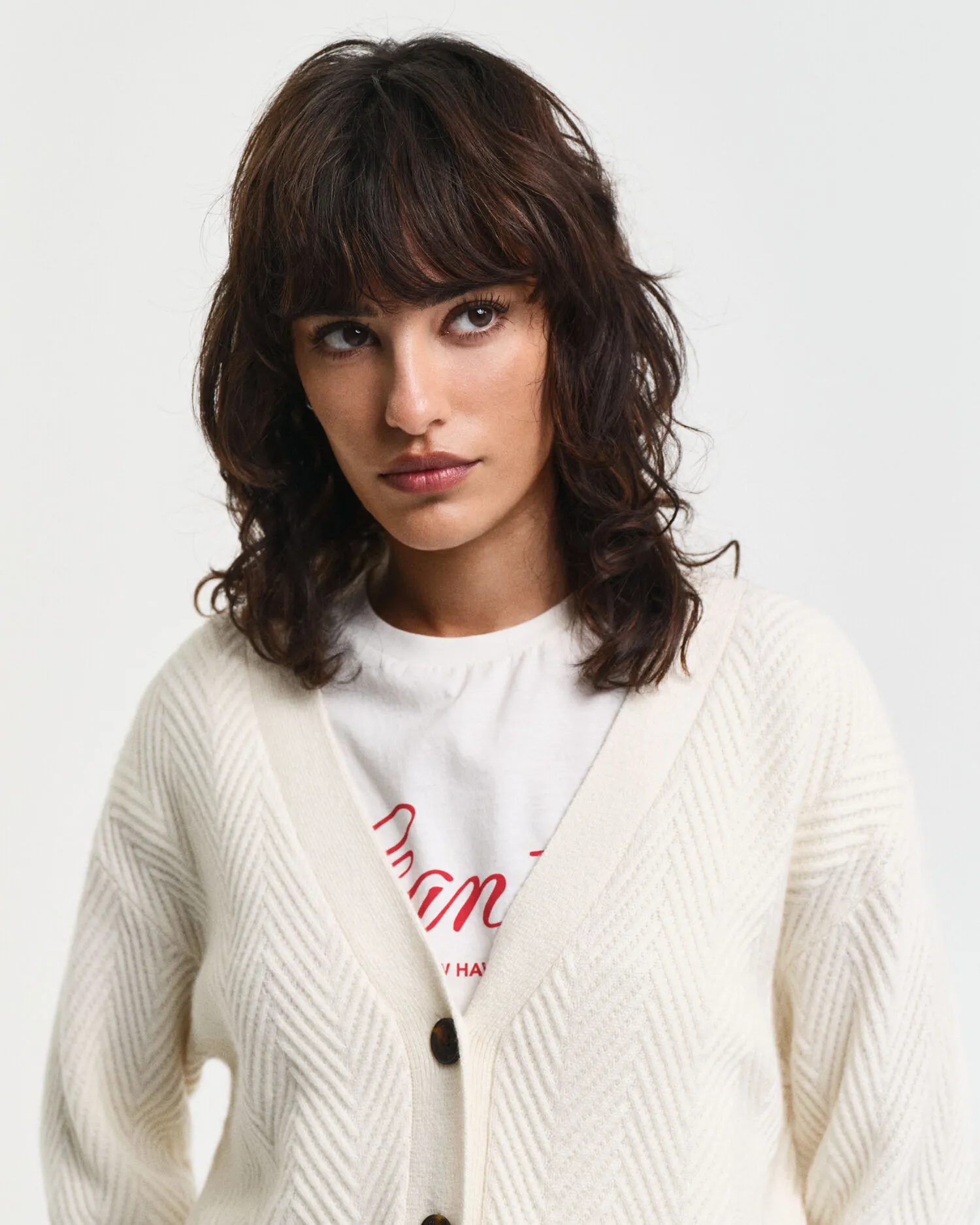 Cardigan con scollo a V e motivo a spina di pesce    