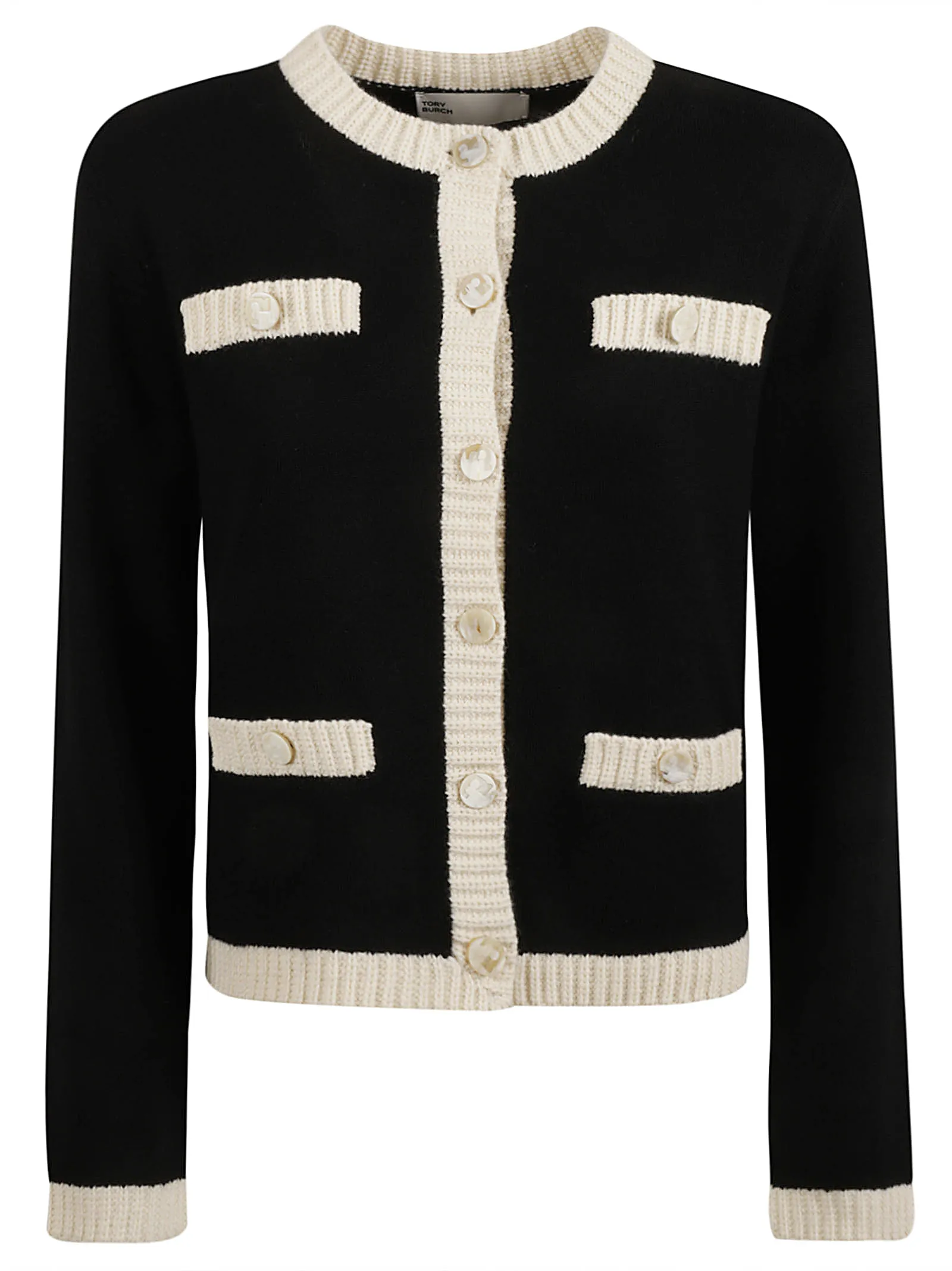 TORY BURCHKendra Chunky Wool Trim Cardigan Black / French Cream