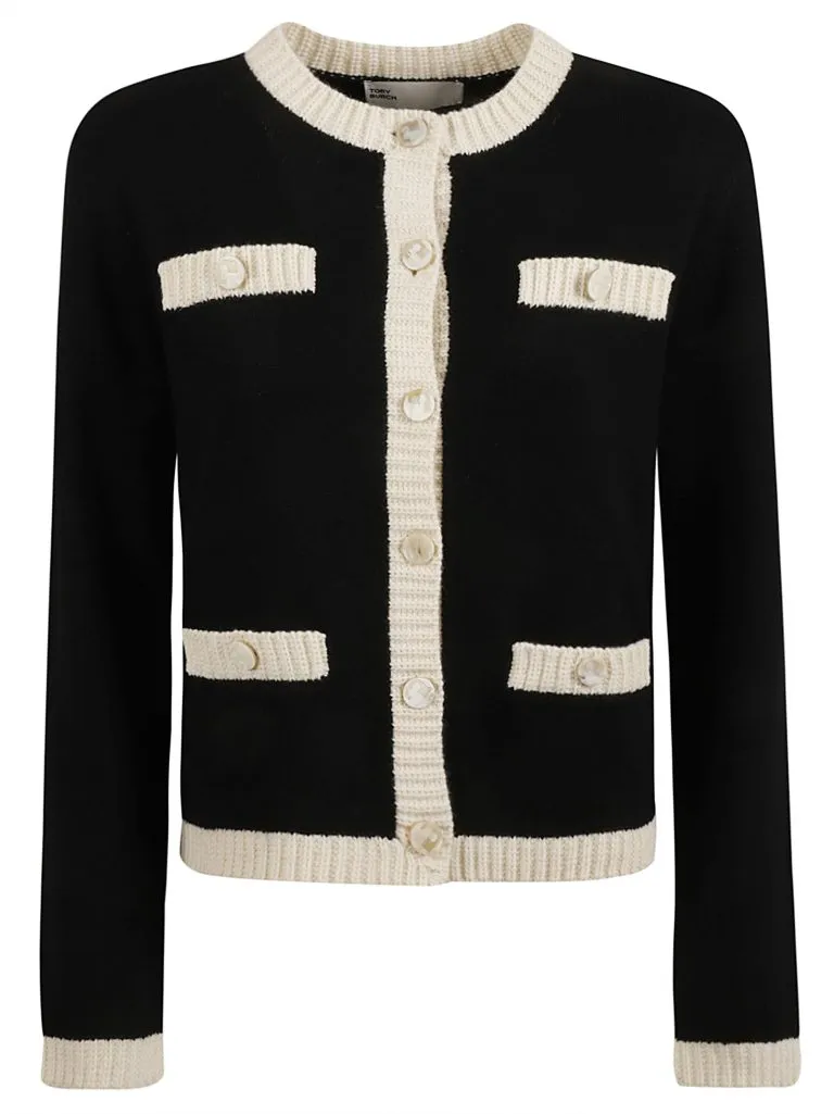 TORY BURCHKendra Chunky Wool Trim Cardigan Black / French Cream