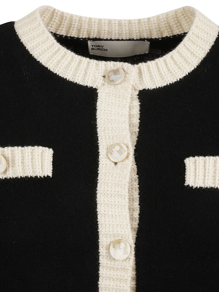 TORY BURCHKendra Chunky Wool Trim Cardigan Black / French Cream